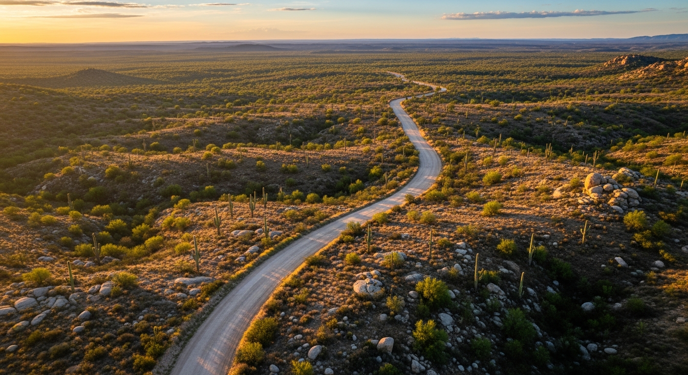 Drone flying over West Texas dirt road