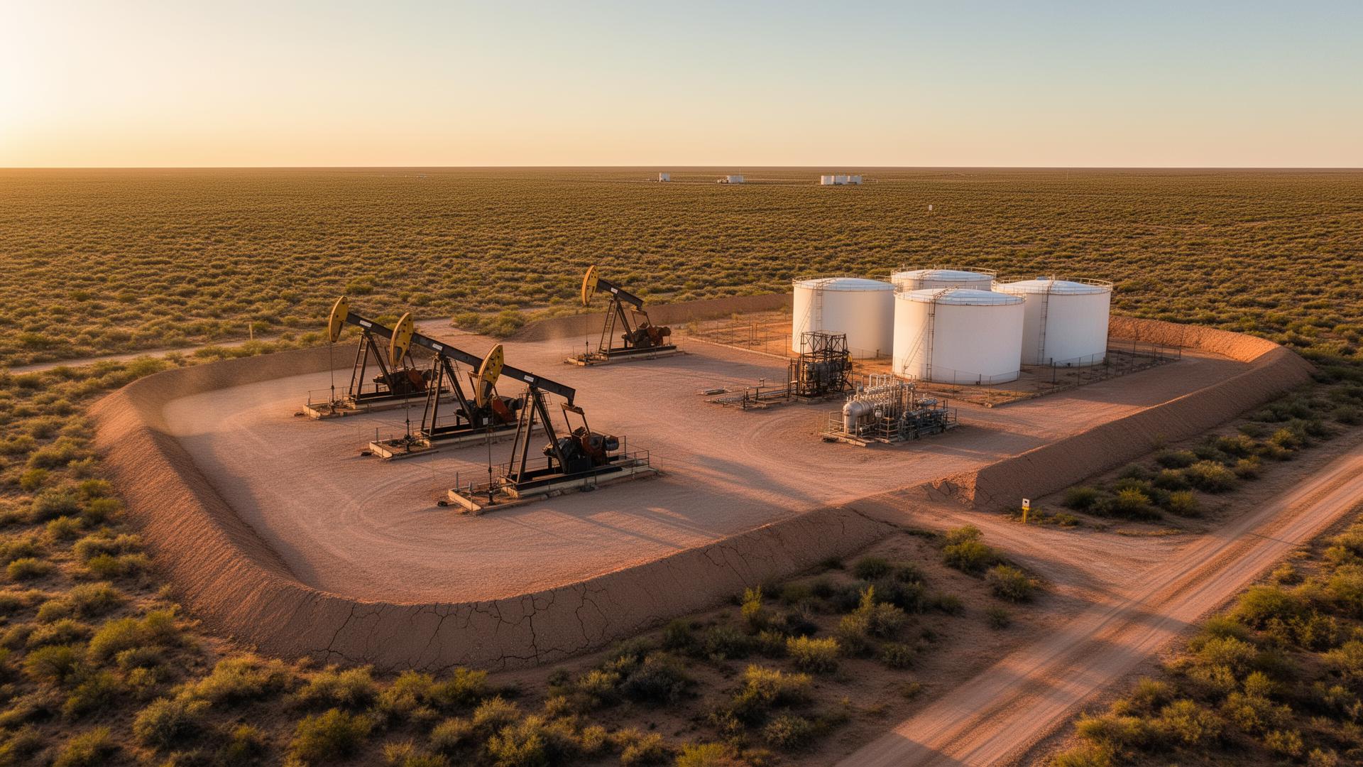Aerial drone view of Permian Basin oil pads, tank batteries, and pump jacks at golden hour